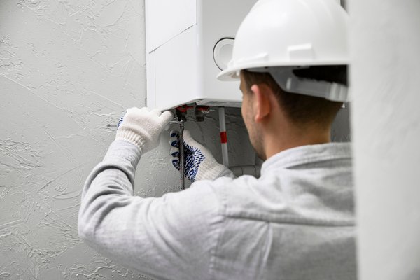 Homem realizando a instalação de aquecedor a gás