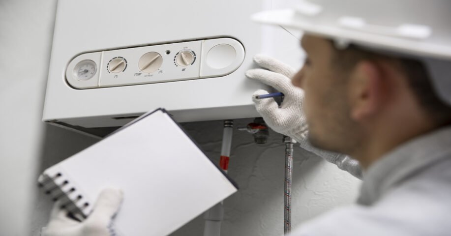 Profissional realizando a instalação de aquecedor a gás